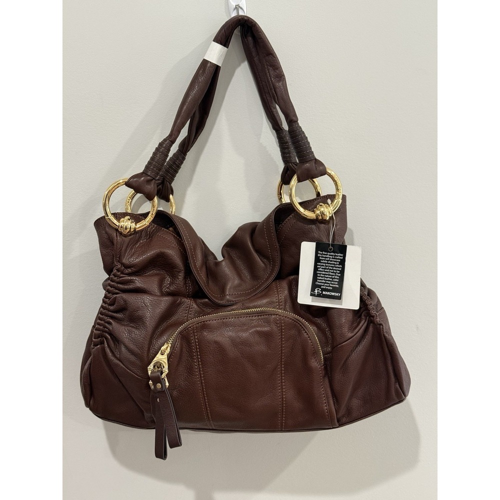 B. Makowsky Large Brown Leather Gold Hardware Shoulder Satchel EUC! MSRP $265